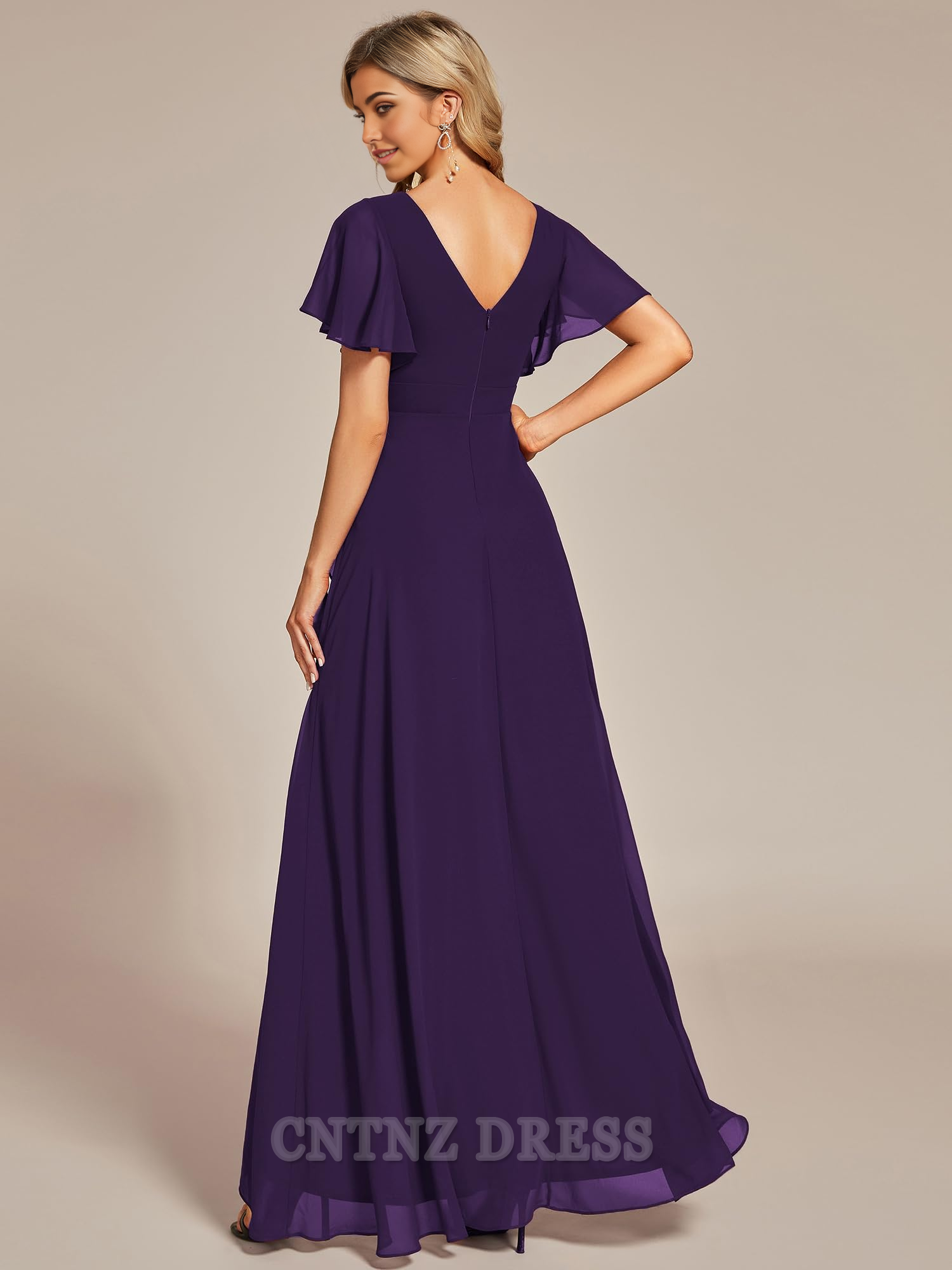 Wholesa A Line Double V Neck Ruffle Backless High Low Chiffon formal dresses Bridesmaid Dresses evening gown Prom Dress