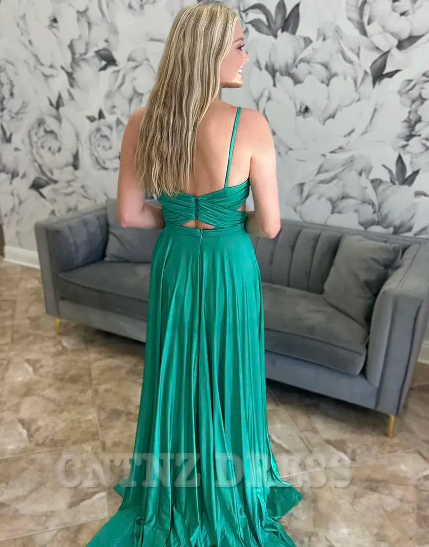 Wholesa A-Line Spaghetti Straps Ruched Green Long formal dresses Bridesmaid Dresses evening gown Prom Dress