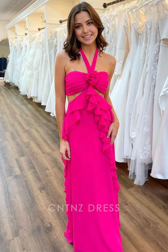 Wholesa A-line Halter Cut Out Ruffle Hot Pink Long formal dresses Bridesmaid Dresses evening gown Prom Dress