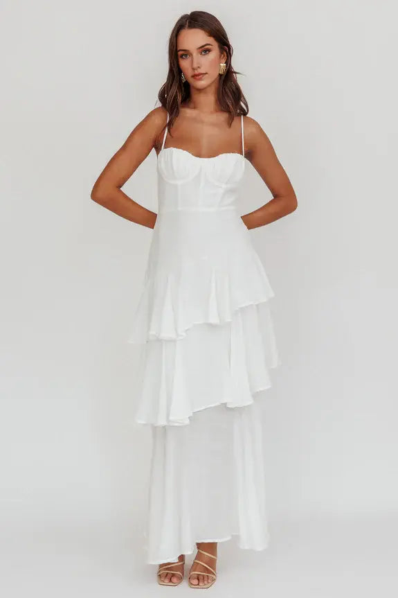 A Line Spaghetti Strap Sweetheart Neckline Tiered Ruffle Fashion Long Wedding Guest Dress Hot Sale Prom Dress