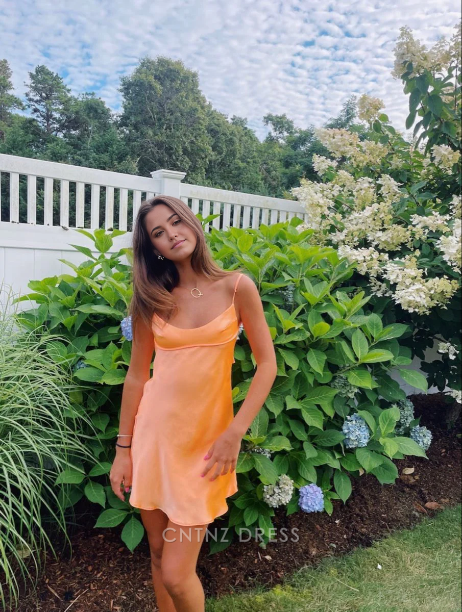 Wholesa Cute Spaghetti Straps Orange Back Homecoming Dress formal dresses Bridesmaid Dresses evening gown Prom Dress