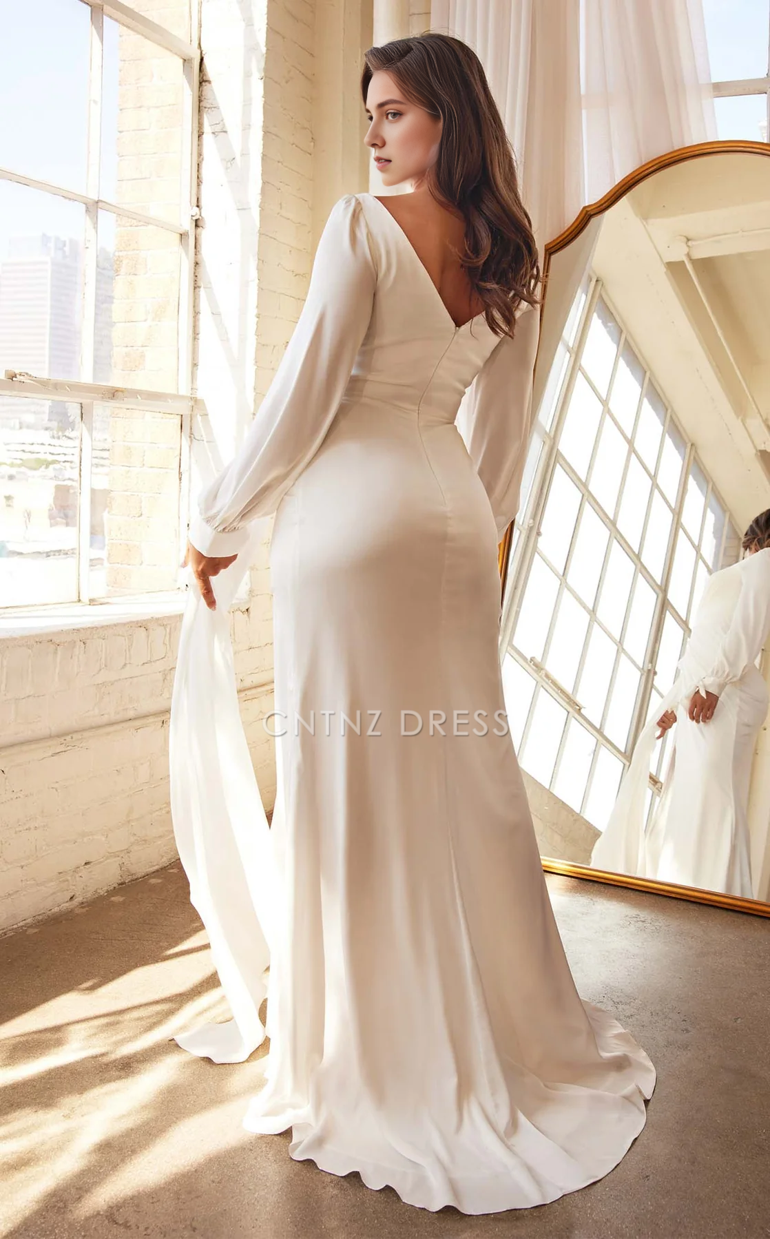 CNTNZ DRESS Fashion Sheath V Neck Long Sleeves Pleated Side Fork Elegant Simple Hot Sale Wedding Dress