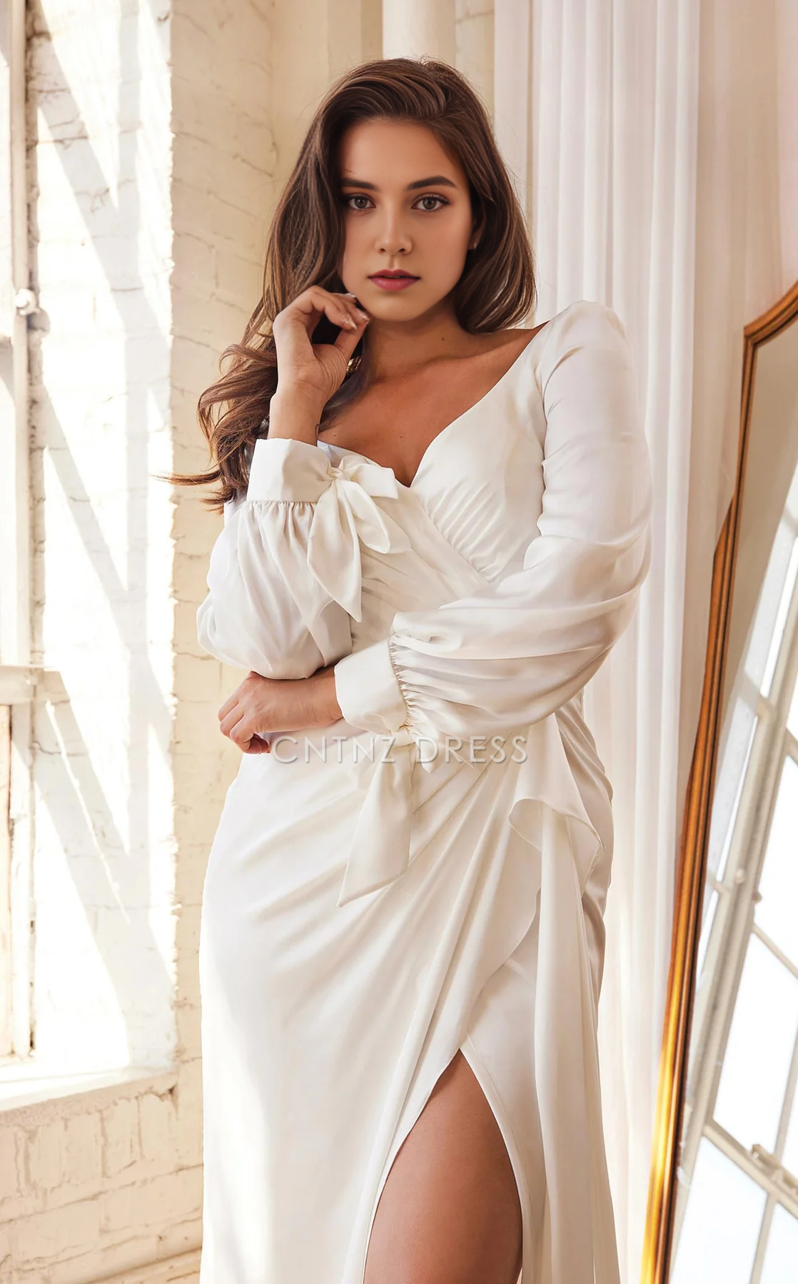CNTNZ DRESS Fashion Sheath V Neck Long Sleeves Pleated Side Fork Elegant Simple Hot Sale Wedding Dress