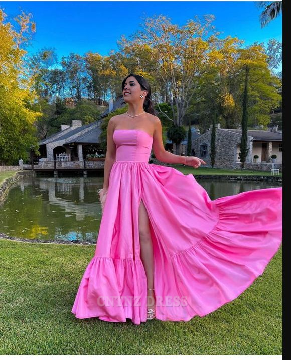 Wholesa A line Strapless Pink Long formal dresses Bridesmaid Dresses evening gown Prom Dress With Slit