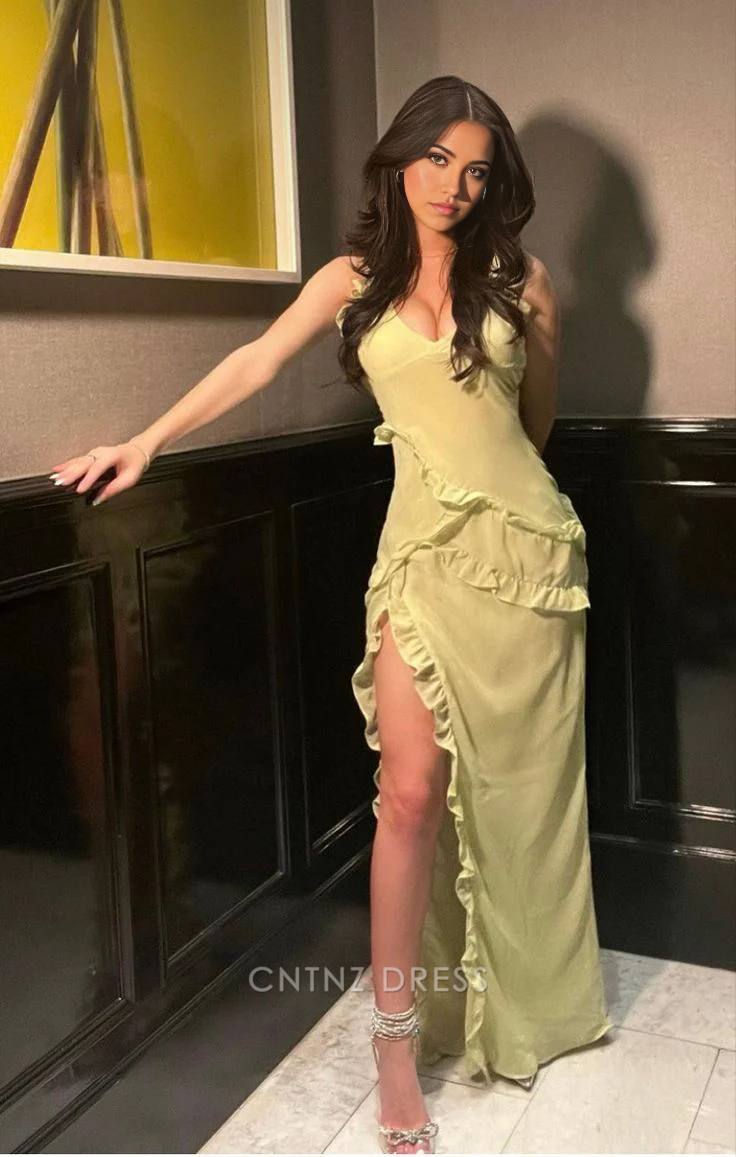 Wholesa Sheath V-Neck Sexy Ruffled Slit Evening Dress Yellow Long formal dresses Bridesmaid Dresses evening gown Prom Dress