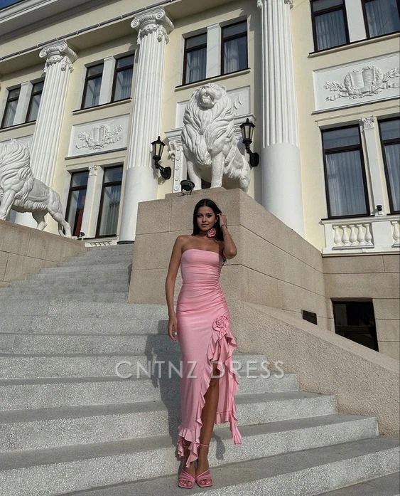 Wholesa Sheath Strapless Ruffle Pink Slit formal dresses Bridesmaid Dresses evening gown Prom Dress