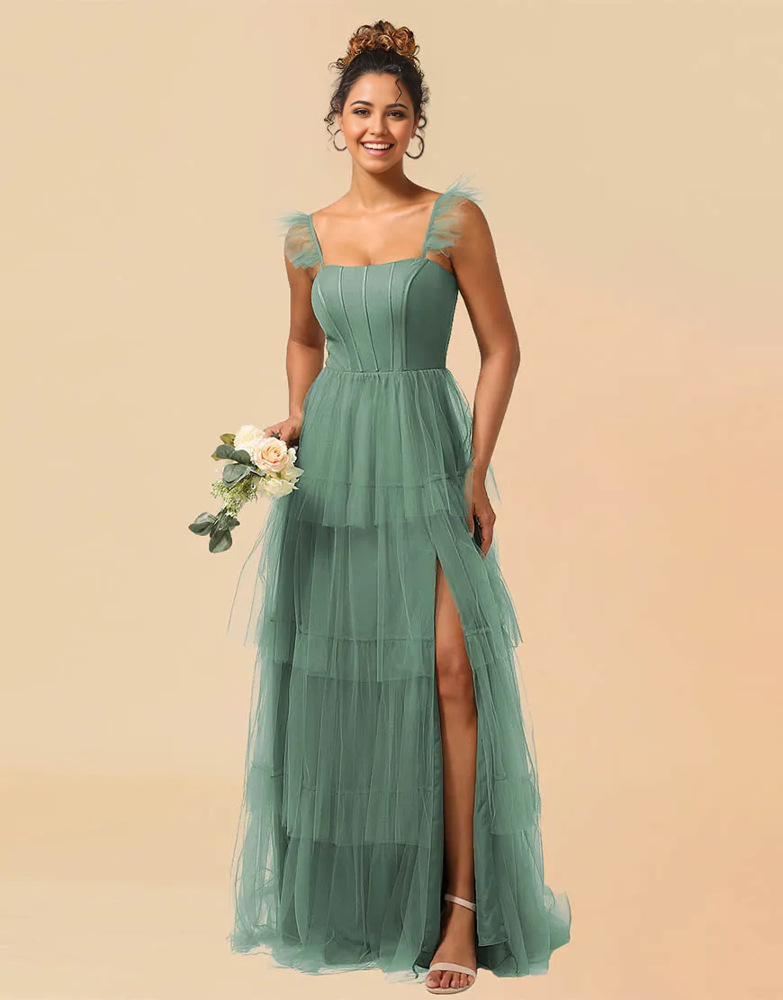 Wholesa A-Line Detachable Straps Lace Up Tulle formal dresses Bridesmaid Dresses evening gown Prom Dress With Split