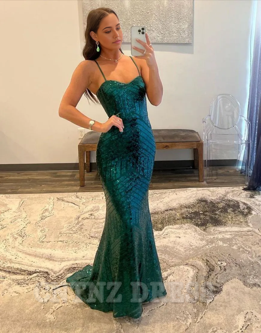 Wholesa Mermaid Spaghetti Straps Long Sequin formal dresses evening gown Prom Dress