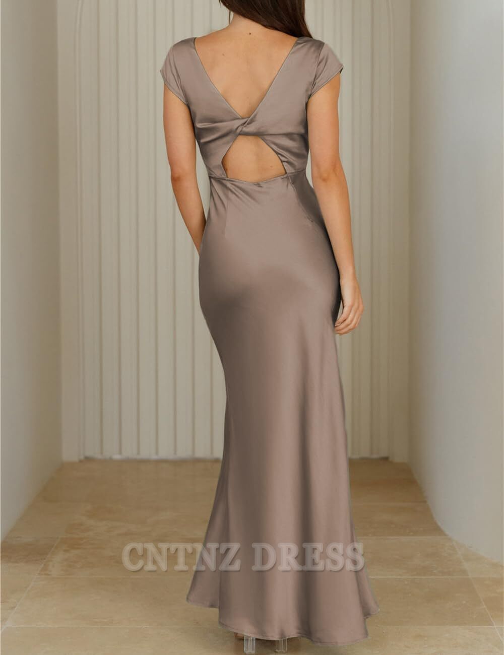 Wholesa Elegant V Neck Cap Sleeve Backless Satin formal dresses evening gown Bridesmaid Dresses