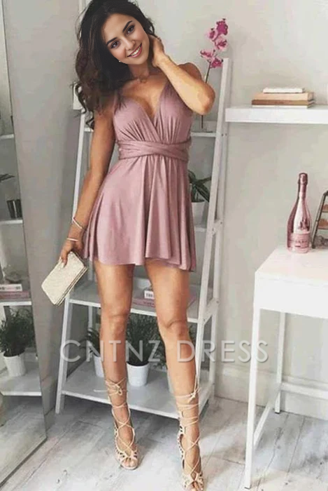 CNTNZ DRESS Hot Sale Short Prom Dress A-Line Deep V-Neck Lace-Up Chiffon Sexy Party Dress Simple Homecoming Dress