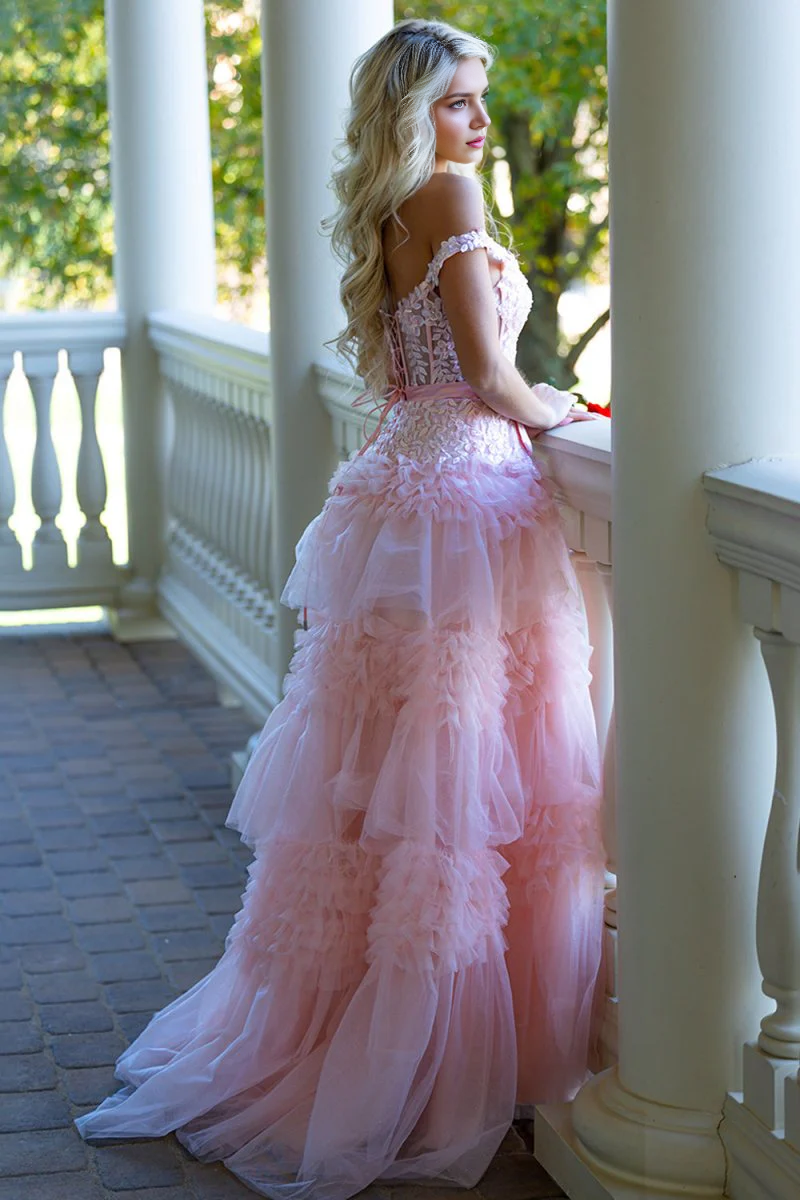 Luxury Formal Women's Dresses Pink Tulle A Line Off the Shoulder Deep V Neck Sleeveless Lace Applique Tiers Ruffles with Bow Romantic Bargain Long Prom Dress