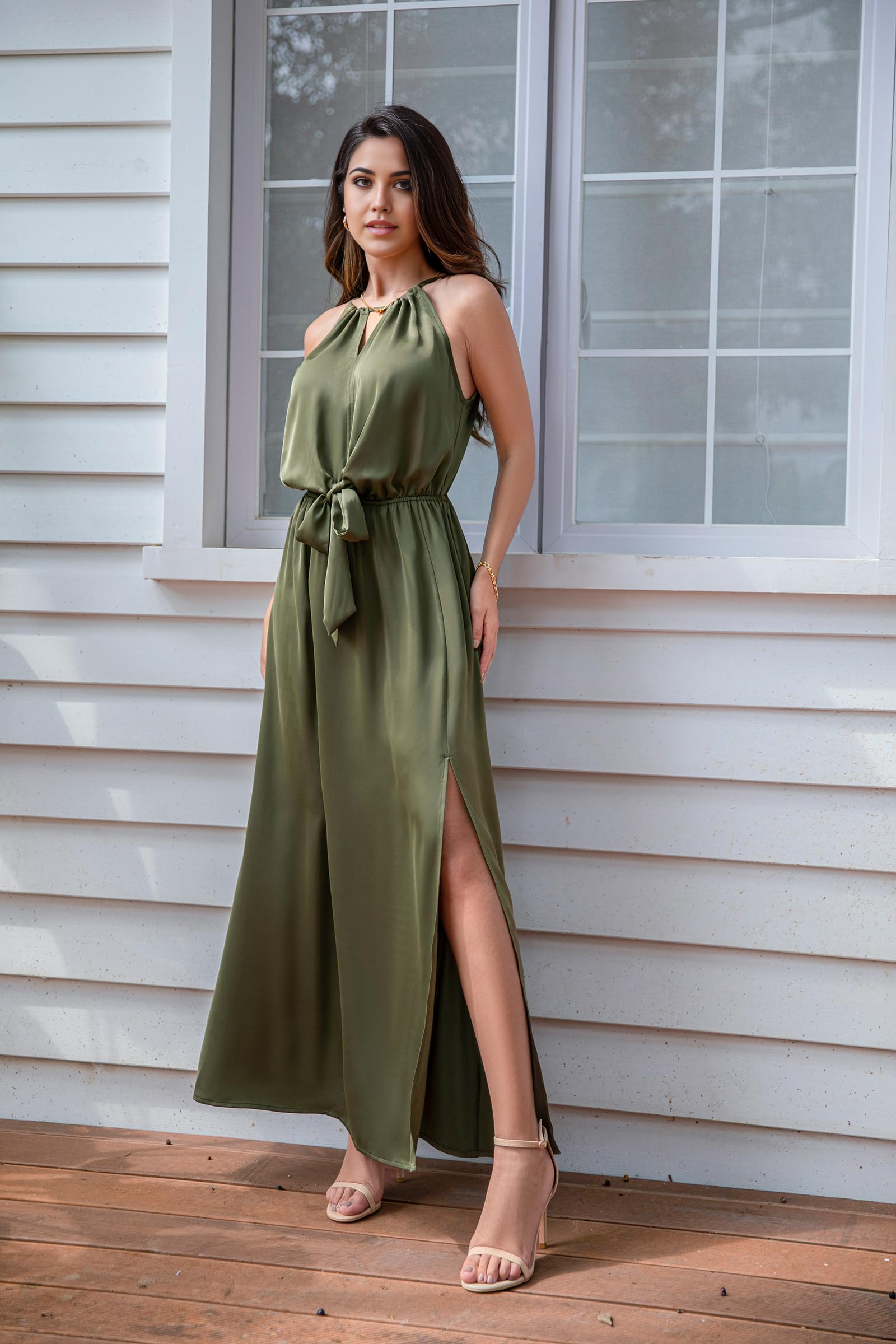 Wholesa Boho Halter Maxi Tie Waist Satin Elegant Sleeveless Long High Slit formal dresses Bridesmaid Dresses evening gown Prom Dress