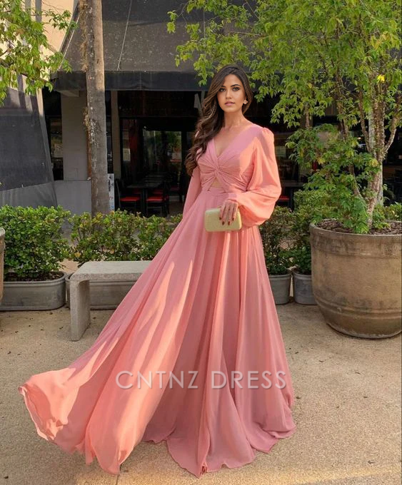 Wholesa A-line V Neck Long Sleeve Chiffon formal dresses Bridesmaid Dresses evening gown Prom Dress