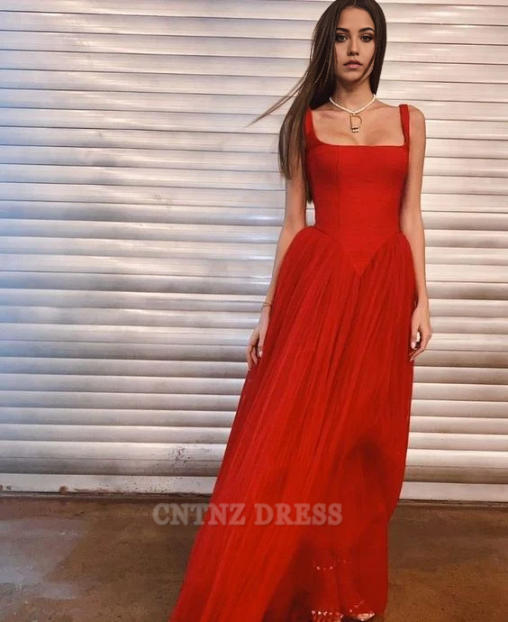 Wholesa A line Straps Tulle Red Long Ruffles formal dresses Bridesmaid Dresses evening gown Prom Dress