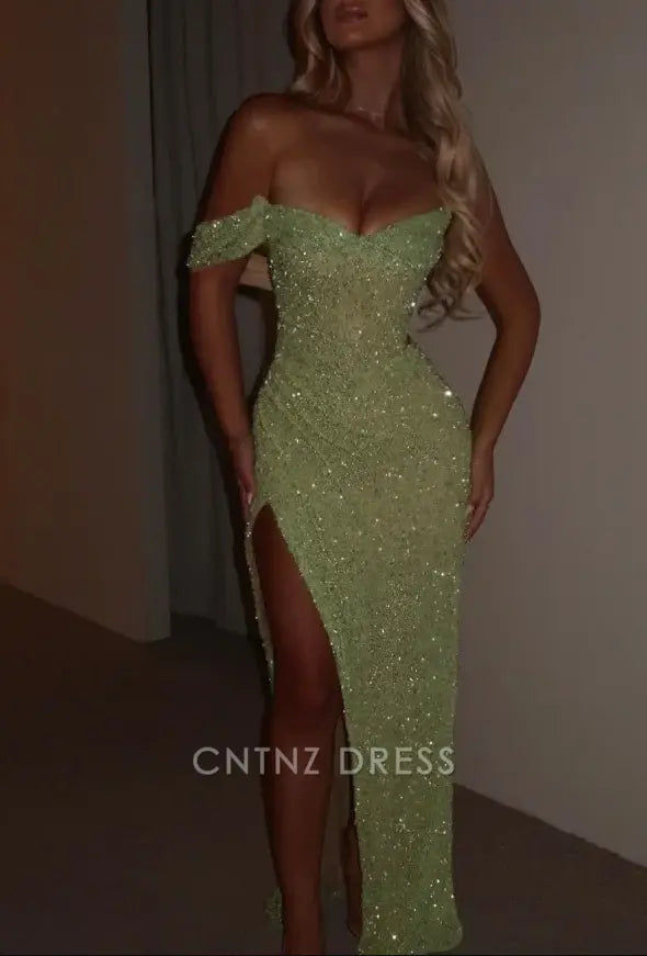 Wholesa Sheath Sparkly Off-The-Shoulder Sequins Sage Green Split formal dresses Bridesmaid Dresses evening gown Prom Dress