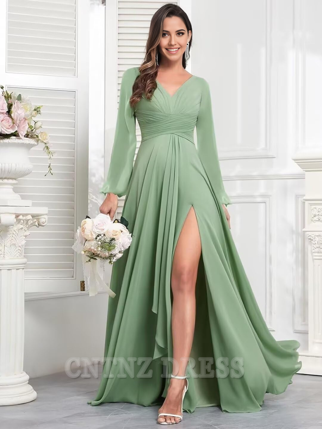 Wholesa A-line V Neck Long Sleeves Ruffle Chiffon formal dresses Bridesmaid Dresses evening gown Prom Dress