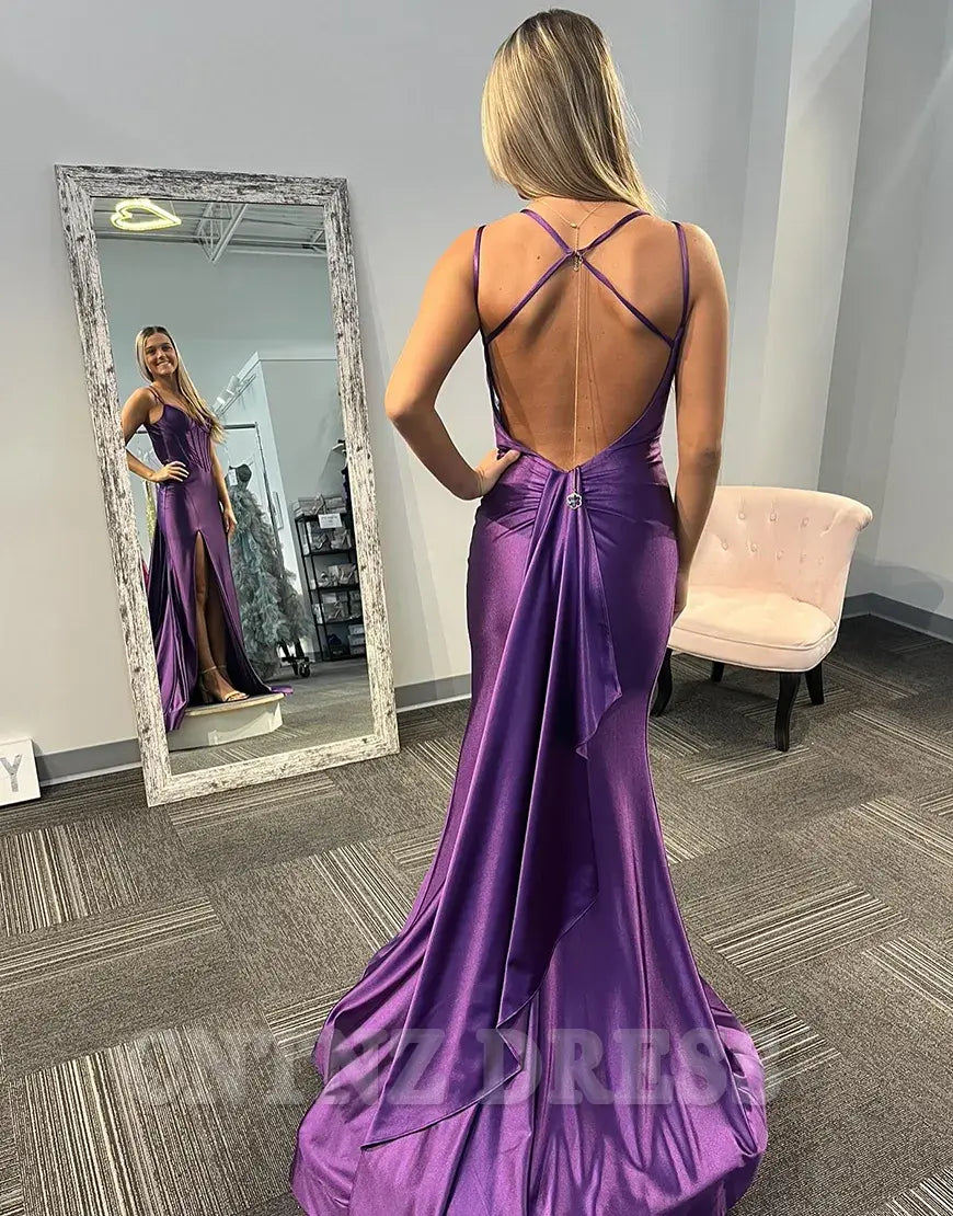 Wholesa Mermaid Double Spaghetti Straps Corset Satin Purple Long formal dresses evening gown Prom Dress with Slit