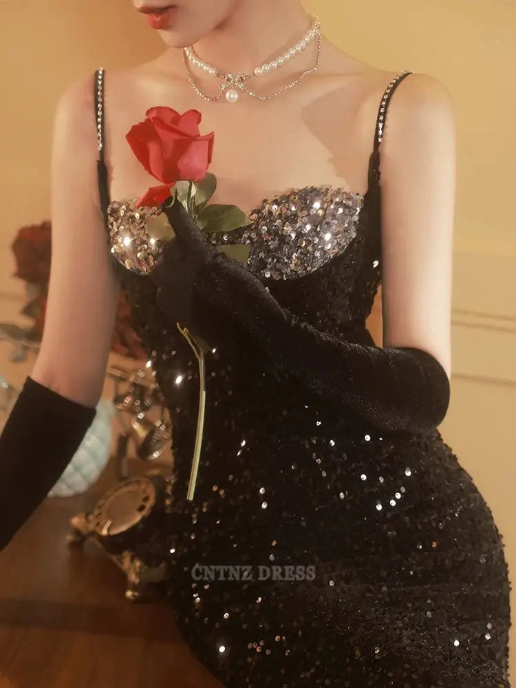 Wholesa Sheath Spaghetti Straps Black Sequin Long formal dresses Bridesmaid Dresses evening gown Prom Dress