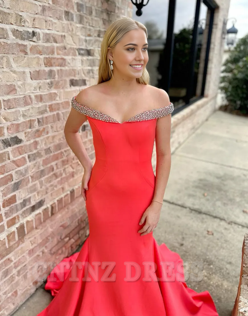 Wholesa Mermaid Sparkly Beaded Off the Shoulder Red Long formal dresses Bridesmaid Dresses evening gown Prom Dress
