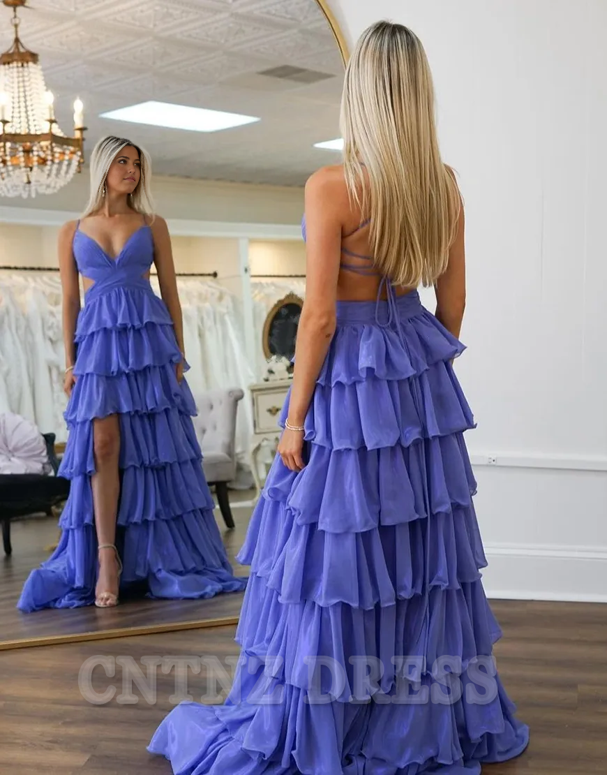 Wholesa A-Line Spaghetti Straps Tiered Purple Long formal dresses evening gown Prom Dress with Slit