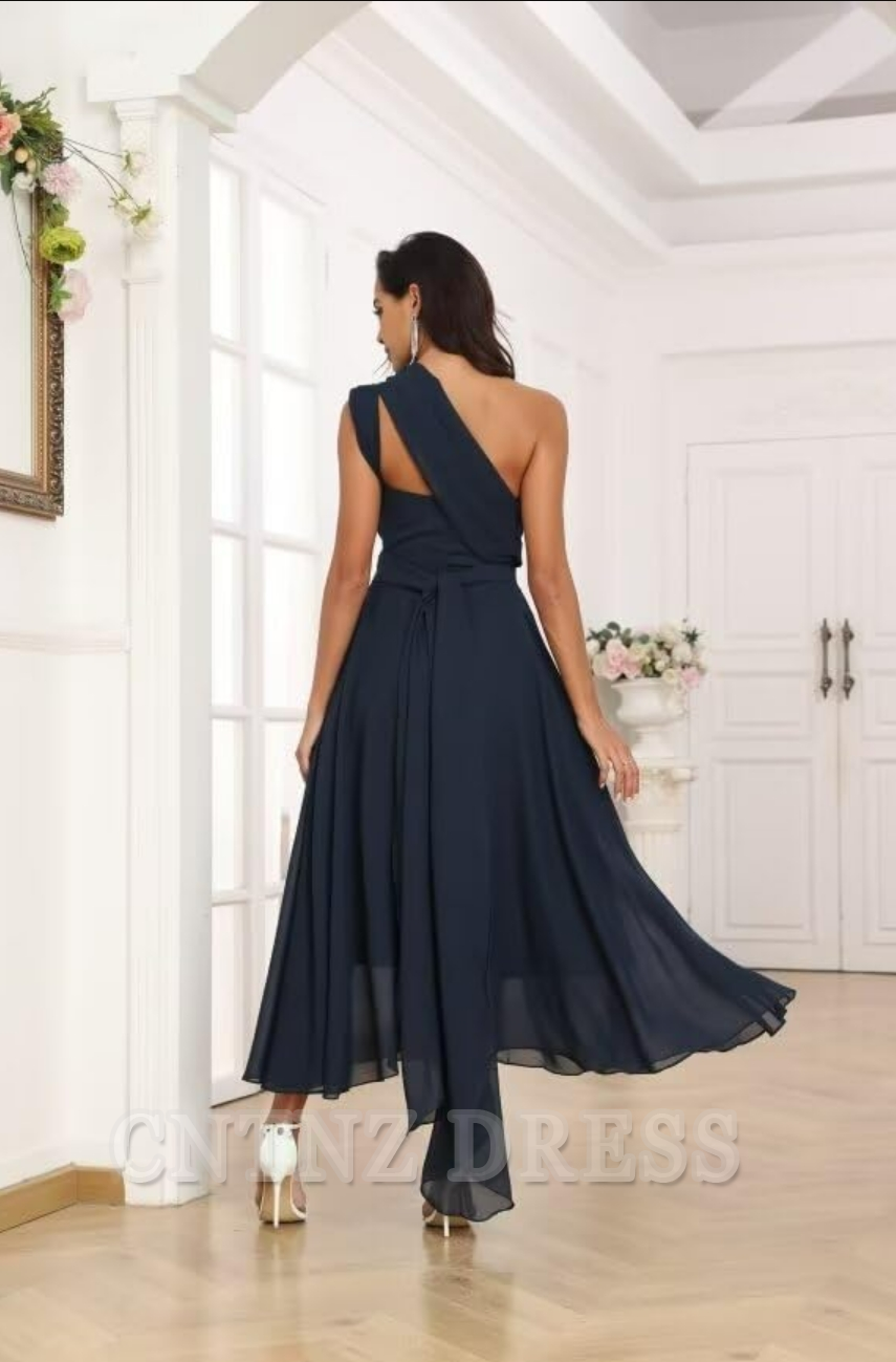 Wholesa A-line One Shoulder Chiffon Tea Length Convertible Pleated High Low formal dresses Bridesmaid Dresses evening gown Prom Dress