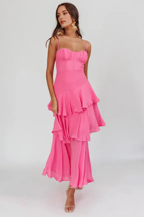 Elegant A Line Spaghetti Strap Sweetheart Neckline Tiered Ruffle Pink Fashion Long Wedding Guest Dress Hot Sale Prom Dress