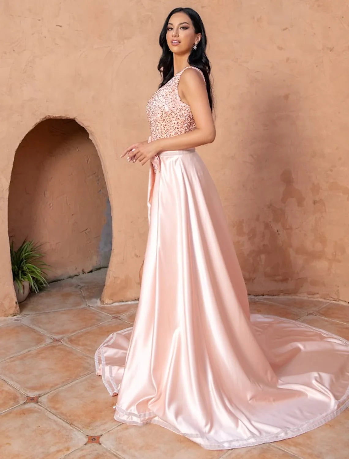 Wholesa A-Line Evening Gown Plus Size Dress Wedding Party Sweep / Brush Train Sleeveless One Shoulder Satin with Bow(s) Sequin Slit