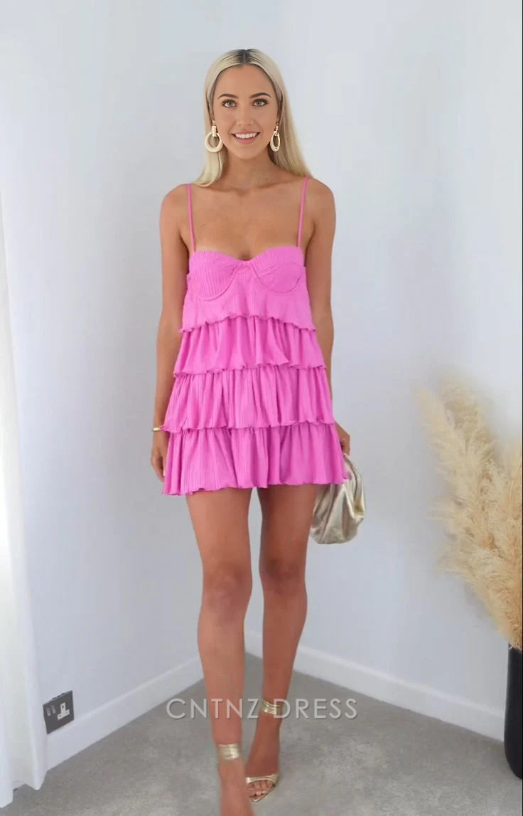 Wholesa A-line Spaghetti Straps Lovely Tiered Homecoming Dress formal dresses Bridesmaid Dresses evening gown Prom Dress