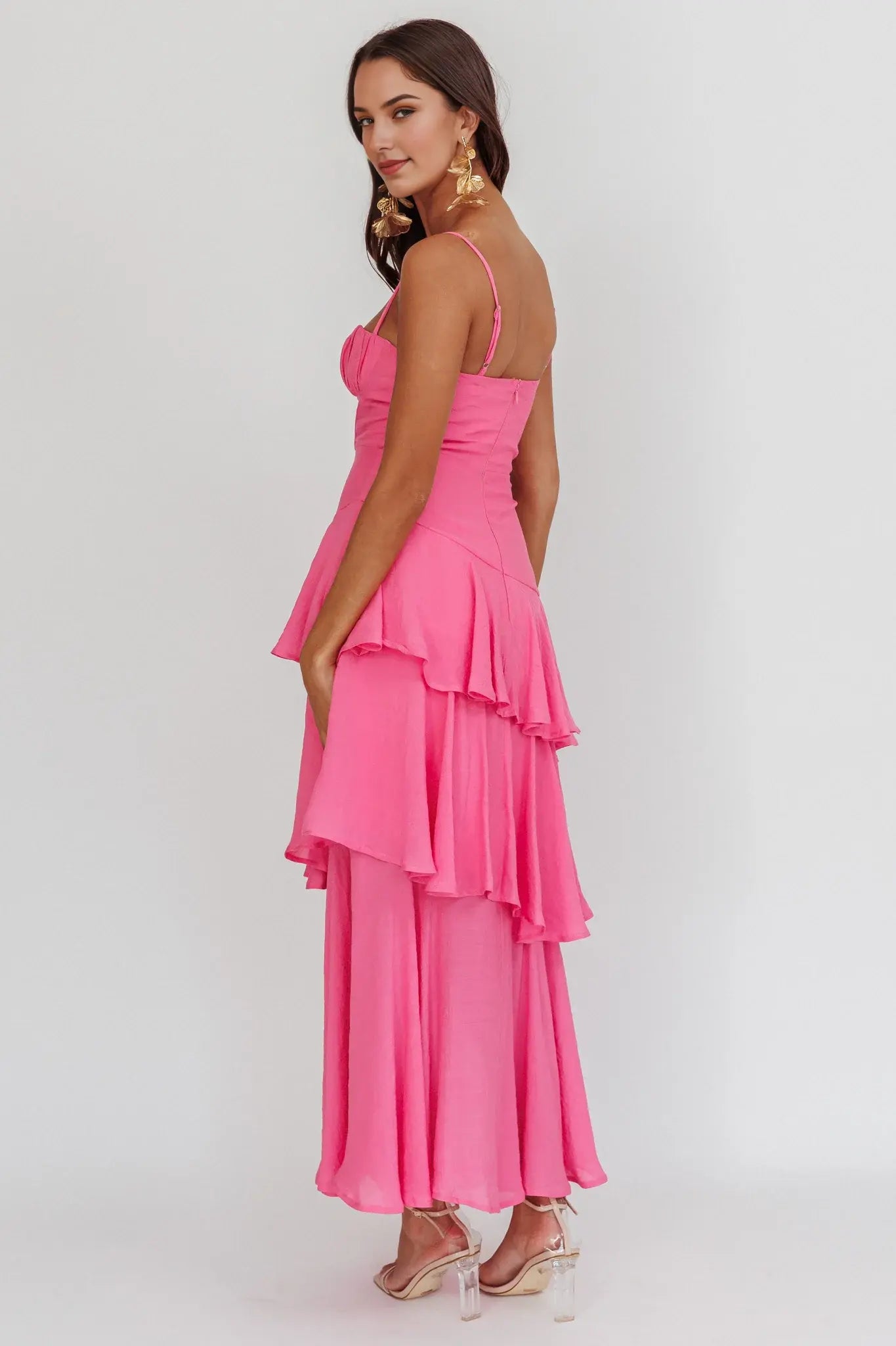 Elegant A Line Spaghetti Strap Sweetheart Neckline Tiered Ruffle Pink Fashion Long Wedding Guest Dress Hot Sale Prom Dress