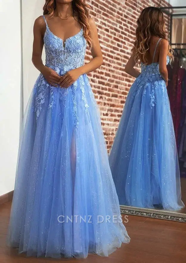 Wholesa A line V-Neck Spaghetti Straps Blue formal dresses Bridesmaid Dresses evening gown Prom Dress