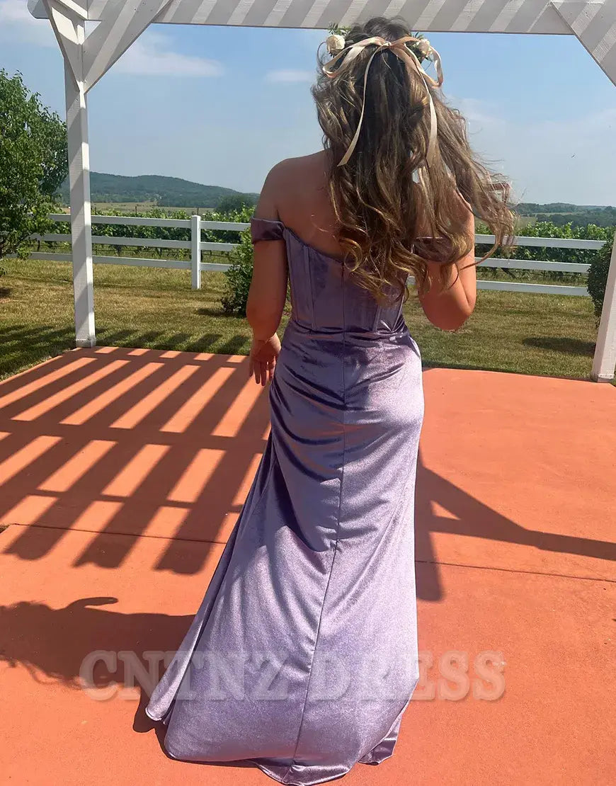 Wholesa Mermaid Off the Shoulder Velvet Ruched Corset Purple Long formal dresses evening gown Prom Dress with Slit