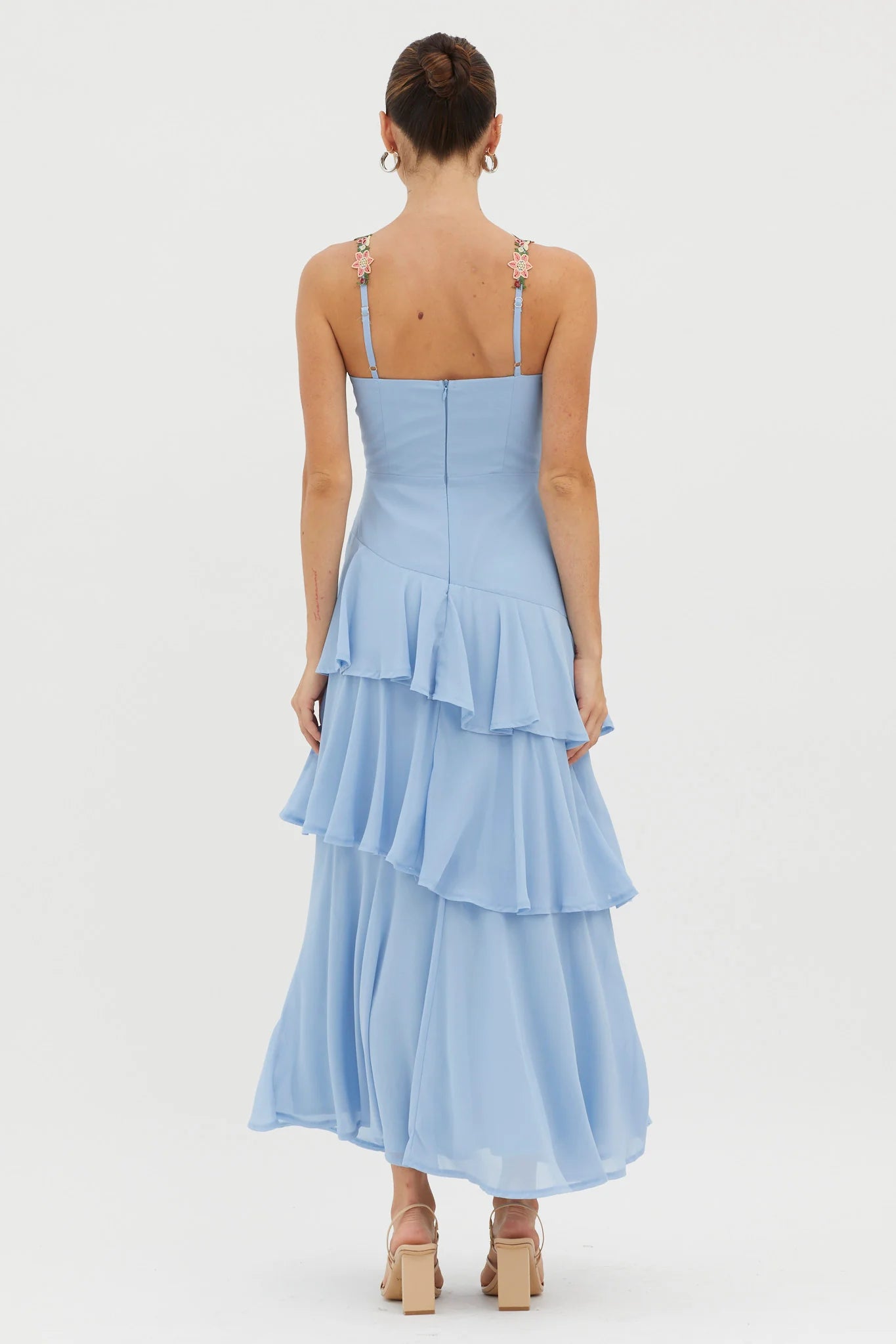 Exquisite A Line Spaghetti Strap Floral Trim Sweetheart Neckline Tiered Ruffle Cute Long Wedding Guest Dress Hot Sale Prom Dress