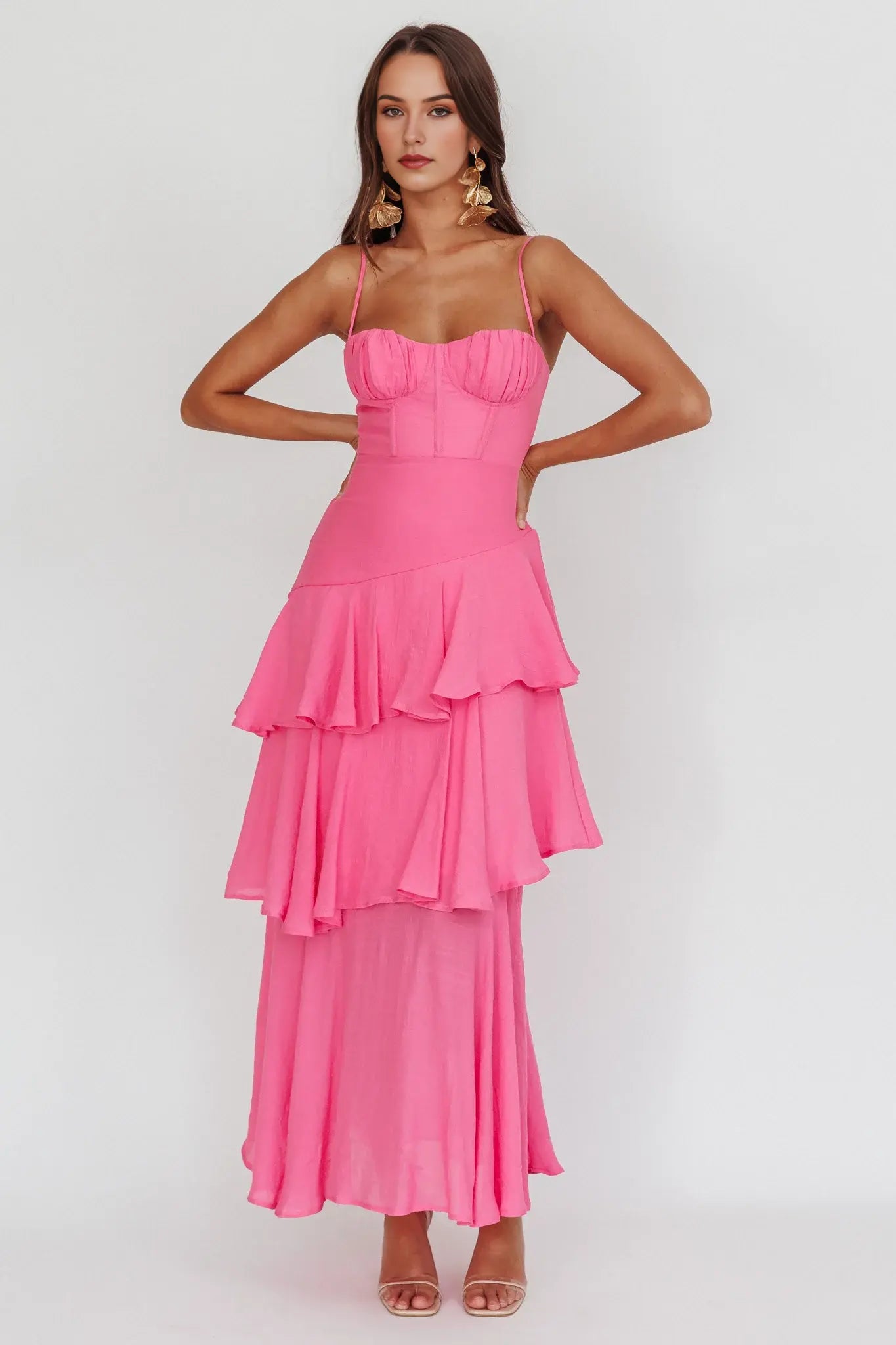 Elegant A Line Spaghetti Strap Sweetheart Neckline Tiered Ruffle Pink Fashion Long Wedding Guest Dress Hot Sale Prom Dress