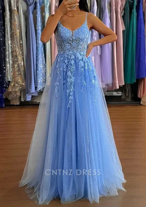 Wholesa A line V-Neck Spaghetti Straps Blue formal dresses Bridesmaid Dresses evening gown Prom Dress