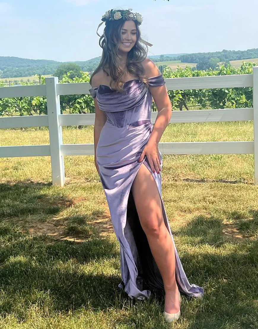 Wholesa Mermaid Off the Shoulder Velvet Ruched Corset Purple Long formal dresses evening gown Prom Dress with Slit