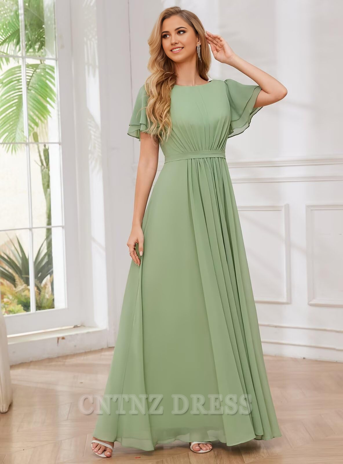 Wholesa A-line Crew Neck Chiffon Sleeves Long formal dresses Bridesmaid Dresses evening gown Prom Dress