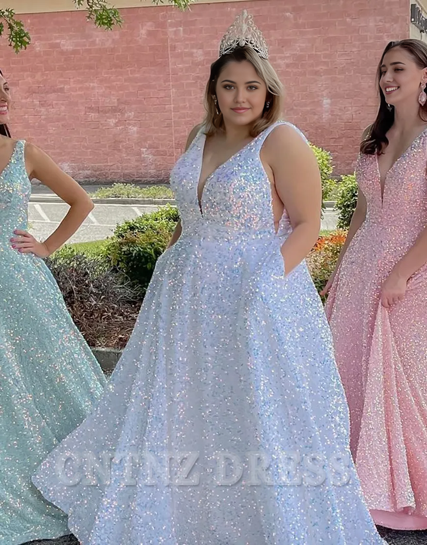 Wholesa plus size A-Line Sparkly V Neck Sequins Pink Long formal dresses Bridesmaid Dresses evening gown Prom Dress