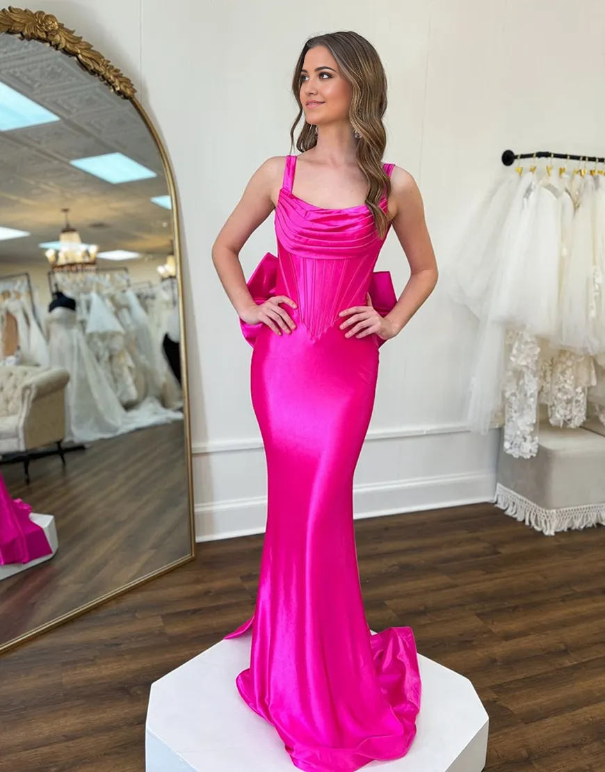 Wholesa Mermaid Spaghetti Straps Corset Satin Fuchsia Long formal dresses evening gown Prom Dress