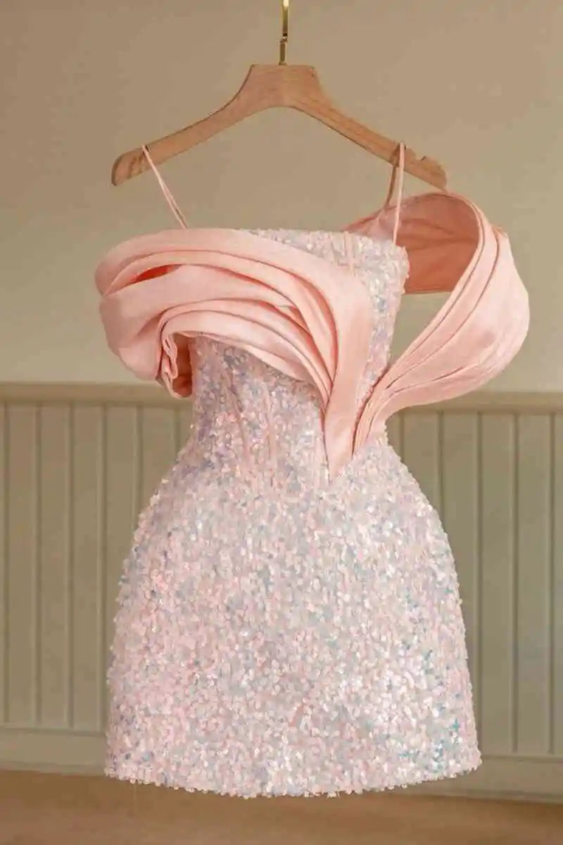 CNTNZ DRESS Hot Sale Homecoming Dress Chic Spaghetti Strap Pleated Sequind Fashion Mini Dress
