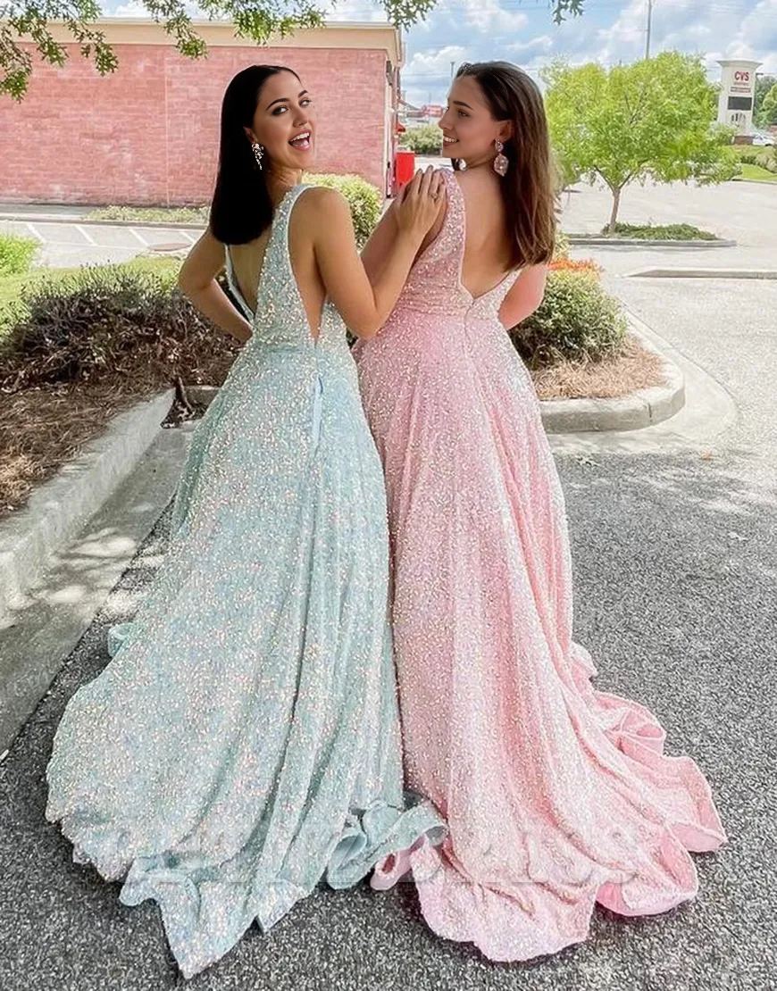 Wholesa plus size A-Line Sparkly V Neck Sequins Pink Long formal dresses Bridesmaid Dresses evening gown Prom Dress