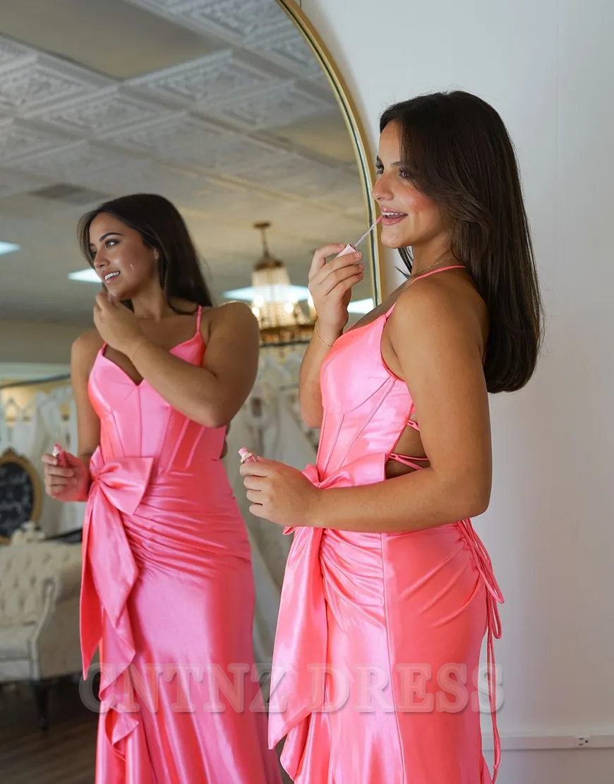 Wholesa Mermaid Spaghetti Straps Corset Satin Bow Hot Pink Long formal dresses evening gown Prom Dress with Slit