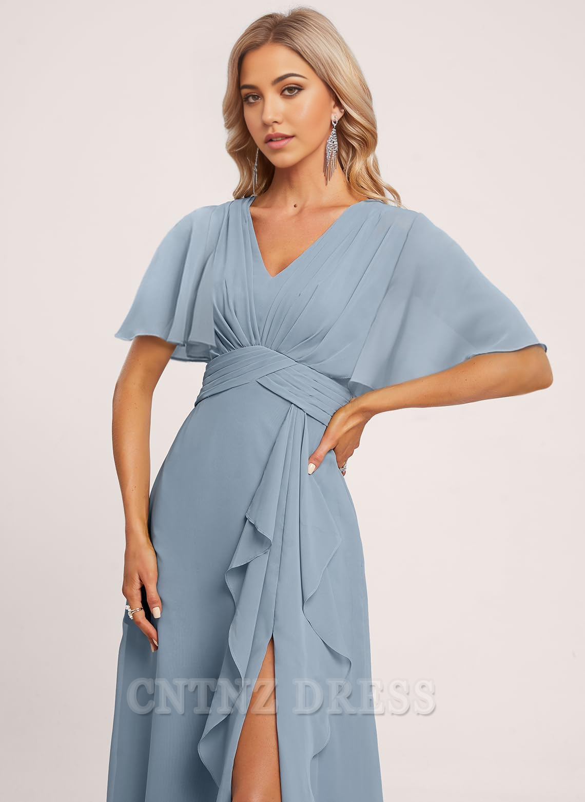 Wholesa A-line V Neck Sleeve Ruffle formal dresses Bridesmaid Dresses evening gown Prom Dress with Slit
