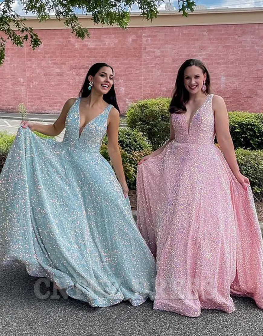 Wholesa plus size A-Line Sparkly V Neck Sequins Pink Long formal dresses Bridesmaid Dresses evening gown Prom Dress