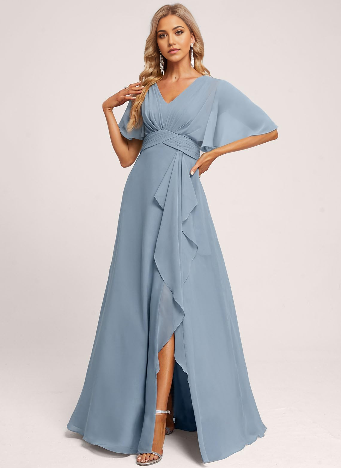 Wholesa A-line V Neck Sleeve Ruffle formal dresses Bridesmaid Dresses evening gown Prom Dress with Slit