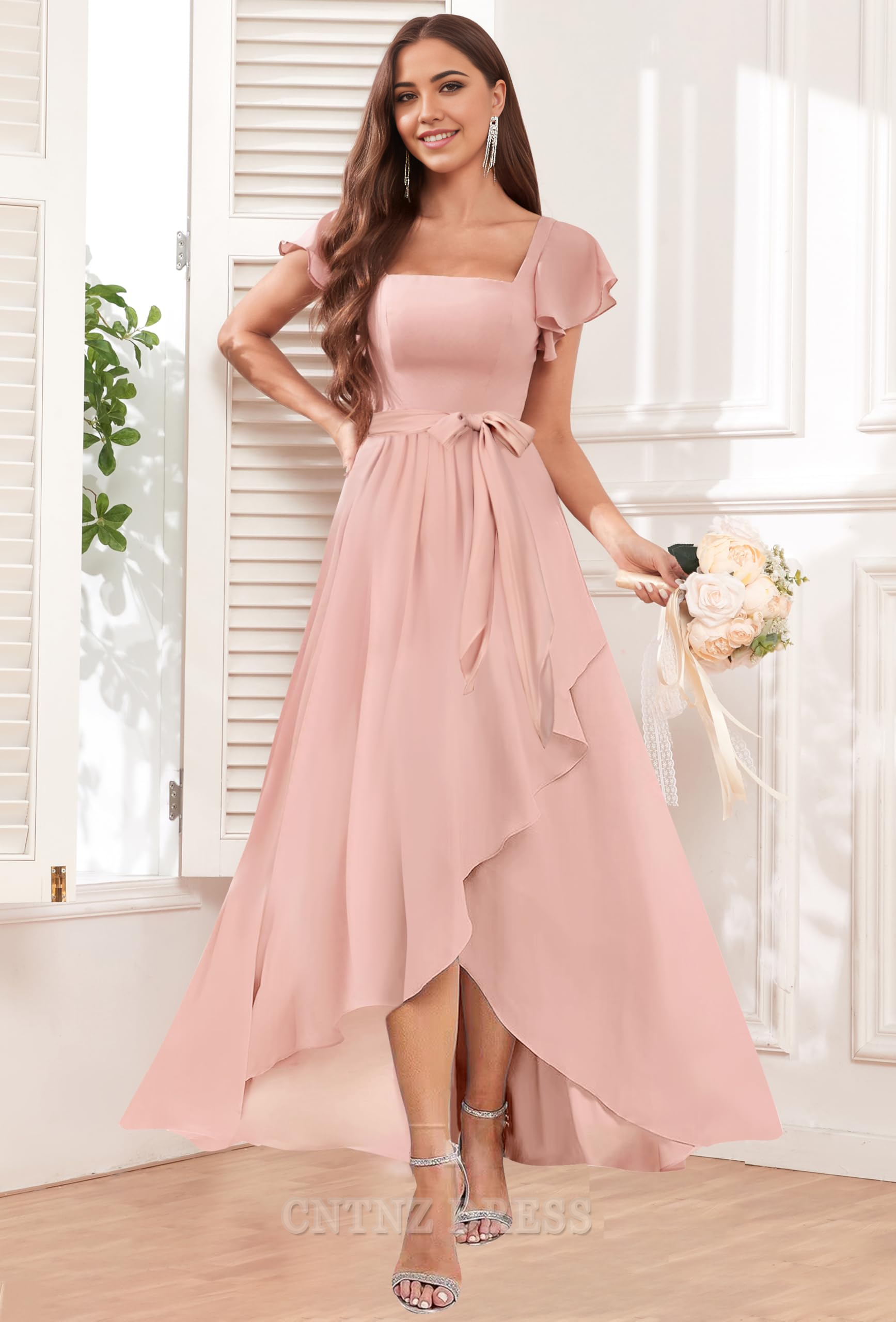 Wholesa A-line Square Neck Chiffon Sleeves Ruffle formal dresses Bridesmaid Dresses evening gown Prom Dress with High Low
