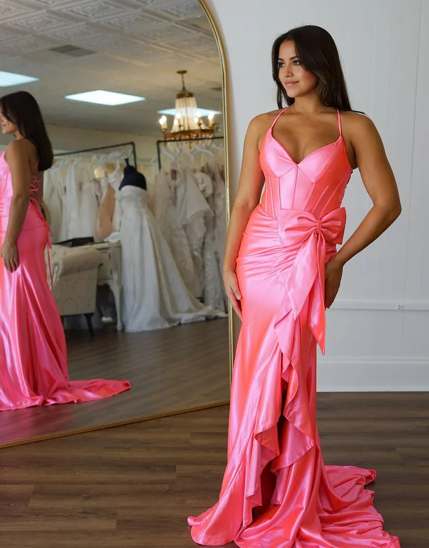 Wholesa Mermaid Spaghetti Straps Corset Satin Bow Hot Pink Long formal dresses evening gown Prom Dress with Slit
