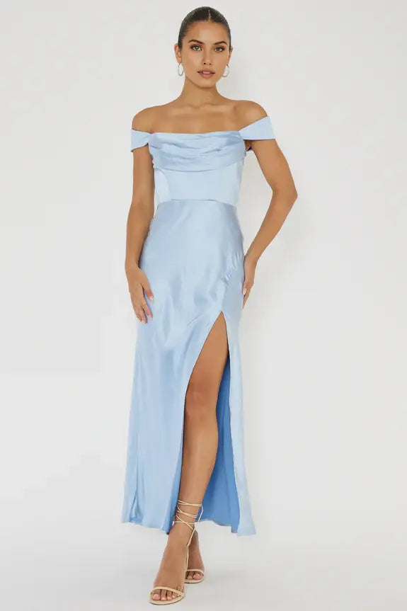 Elegant Simple Sheath Off-Shoulder Pleated Square Neck V-Back High Slit Sage Long Wedding Guest Dress Hot Sale Prom Dress