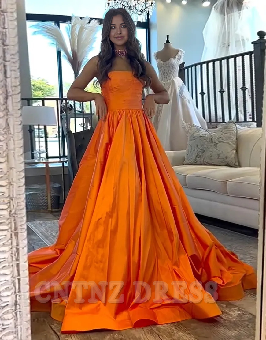 Wholesa A-Line Strapless Satin Long Orange formal dresses evening gown Prom Dress