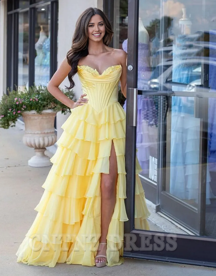 Wholesa A-Line Strapless Corset Tiered Long formal dresses evening gown Prom Dress with Slit