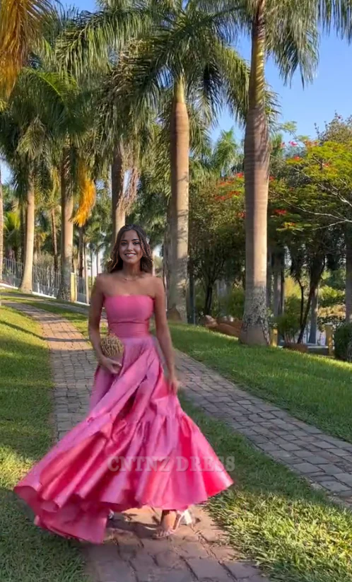 Wholesa Strapless Pink Floor Length Satin Slit Ball Gown formal dresses Bridesmaid Dresses evening gown Prom Dress